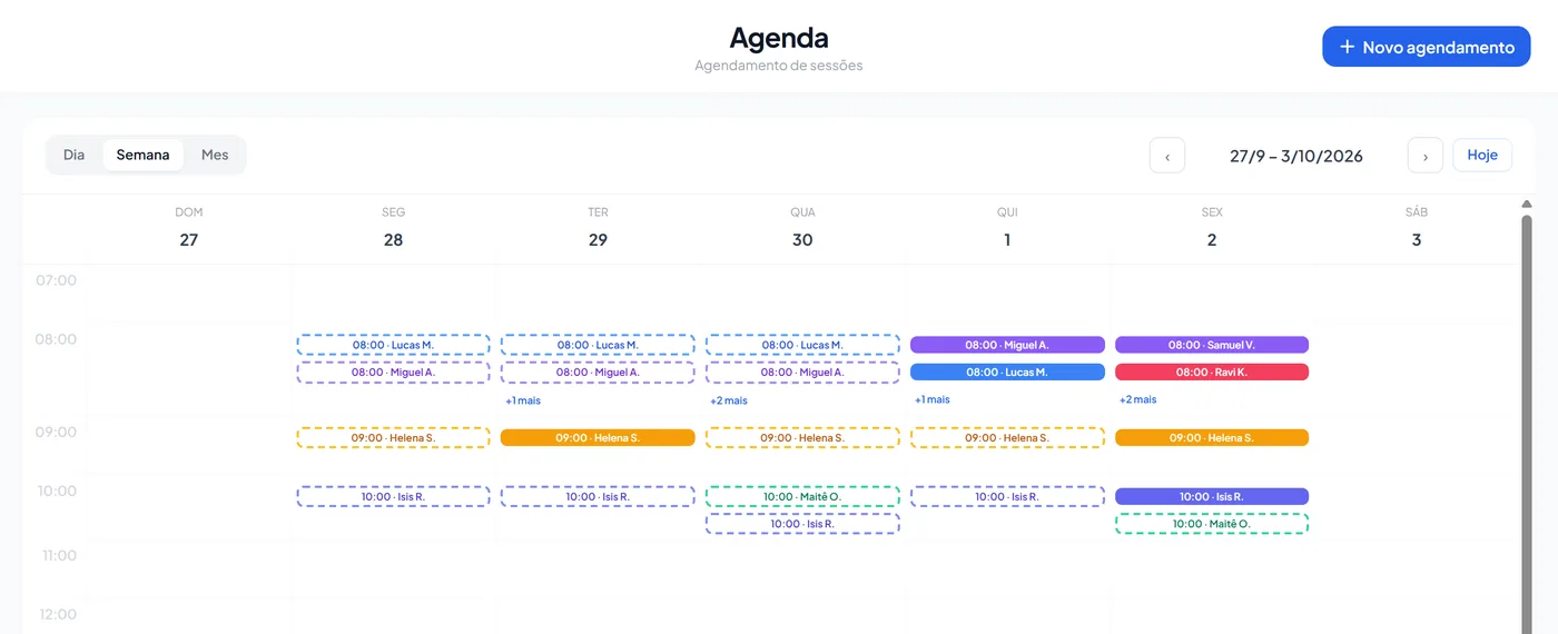 Agenda semanal com sessões coloridas por paciente e horários fixos sugeridos em tracejado