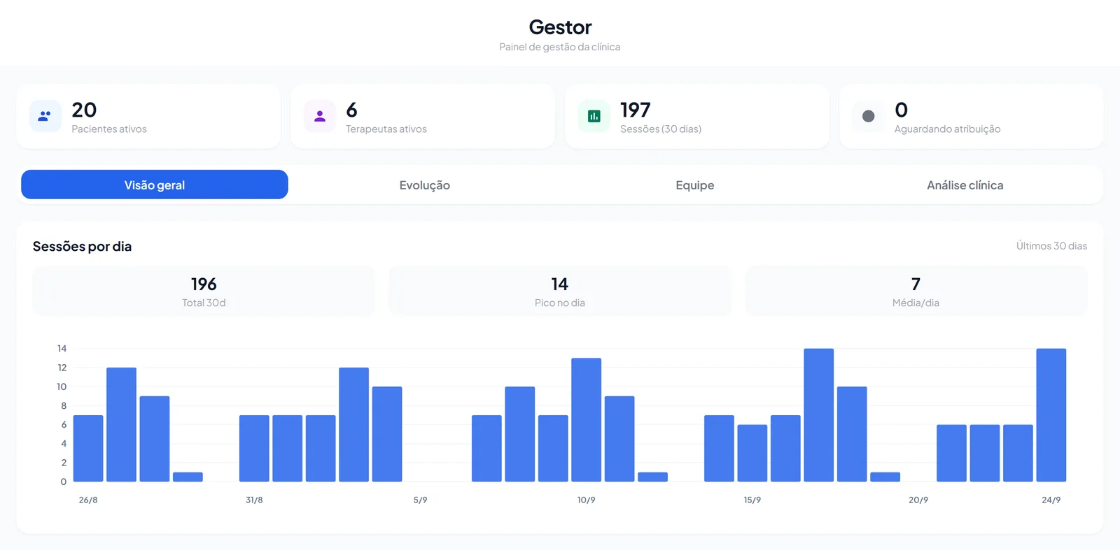 Painel do gestor: pacientes ativos, terapeutas ativos, sessões nos últimos 30 dias e gráfico de sessões por dia