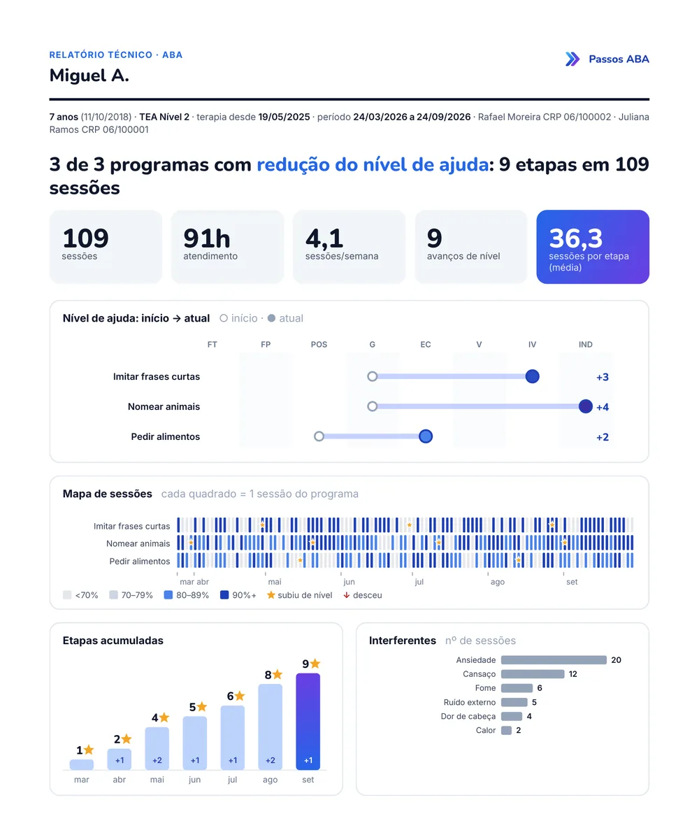 Primeira página do relatório técnico: indicadores, nível de ajuda do início ao atual por programa, mapa de sessões e interferentes